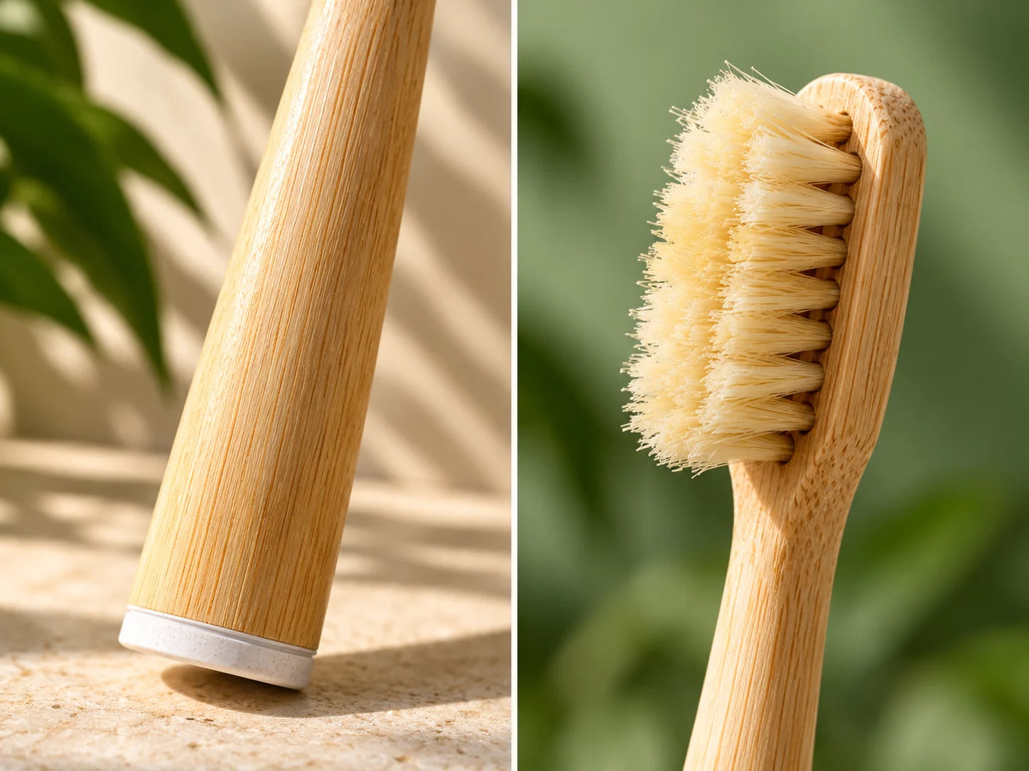 Close views of the Mumzu toothbrush bamboo handle and boar bristles